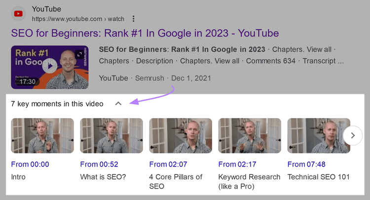 Cómo aparecen los capítulos de vídeo en las SERP de Google.