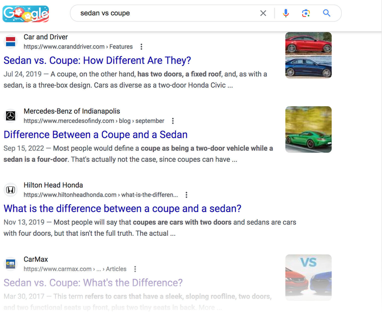SERP de Google para "berlina vs coupé"