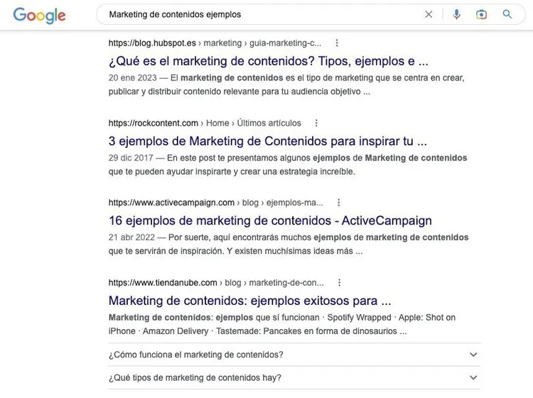 Google búsqueda marketing contenidos ejemplos resultados múltiples