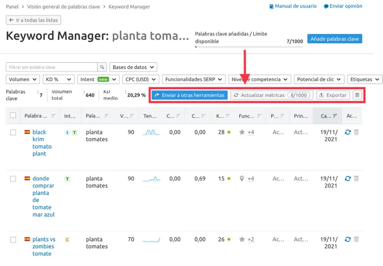 Keyword Manager: lista palabras clave planta tomate