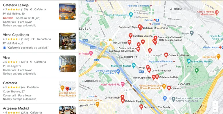 Google Maps mostrando múltiples locales de cafés y bares en Madrid
