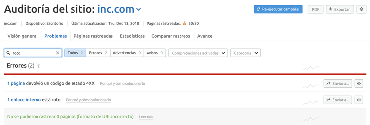 Reporte de Auditoría del sitio mostrando errores de enlaces