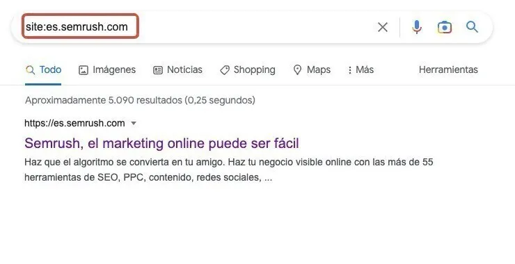Búsqueda Google site:es.semrush.com mostrando aproximadamente 5.090 resultados en 0,25 segundos