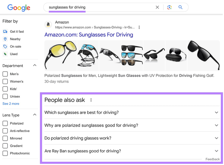La gente también pregunta cuadro destacado en la SERP de Google para la consulta "gafas de sol para conducir