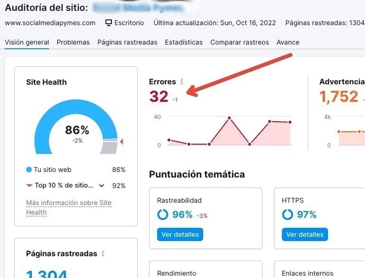 Auditoría sitio: 86% Site Health, 32 errores, 1,752 advertencias