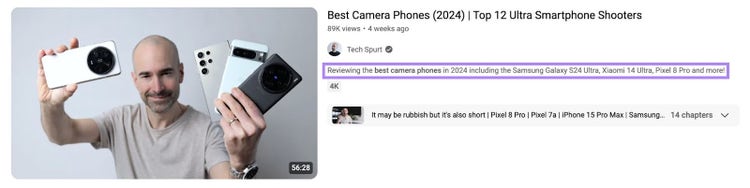 YouTube mostrando la primera línea de una descripción de un vídeo en los resultados de búsqueda.