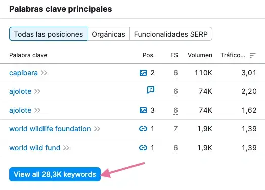 Sección de Palabras clave principales con opción de ver todas las 28,3K