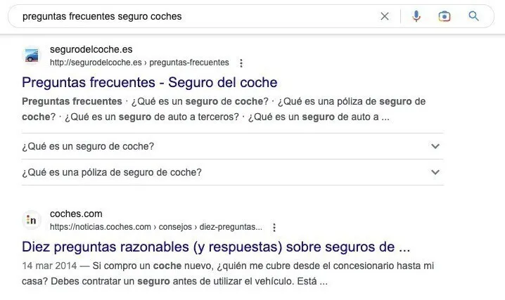 Resultados búsqueda Google con preguntas frecuentes schema