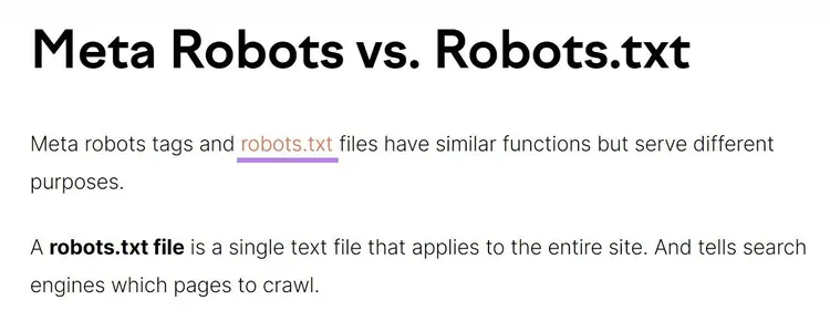ejemplo de enlace interno con texto de anclaje "robots.txt" del blog de Semrush