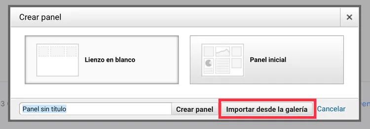 Diálogo Crear panel con opción Importar desde la galería resaltada