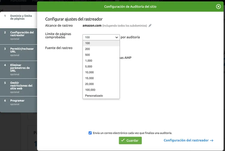Opción límite páginas dropdown configuración