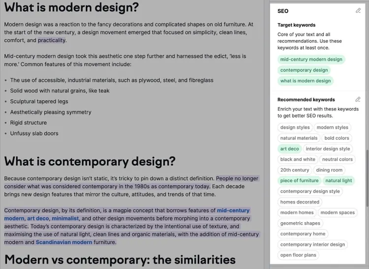 El editor del Asistente de Redacción SEO muestra el uso de palabras clave en tiempo real