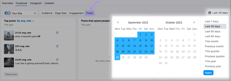 Pestaña "Mensajes" con un calendario abierto