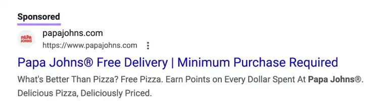 Un anuncio pagado de Papa Johns en Google SERP