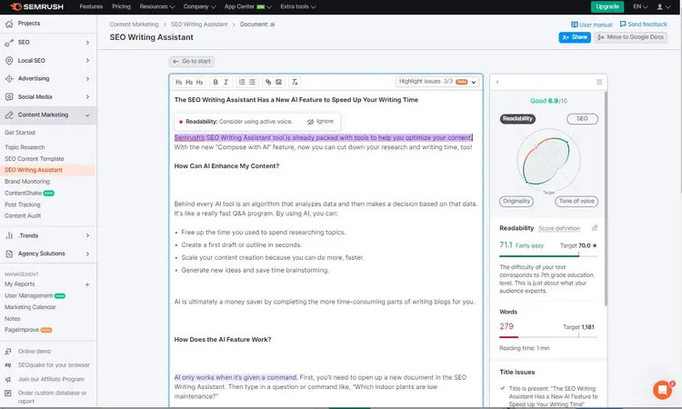 SEO Writing Assistant muestra el contenido producido junto con una puntuación SEO.
