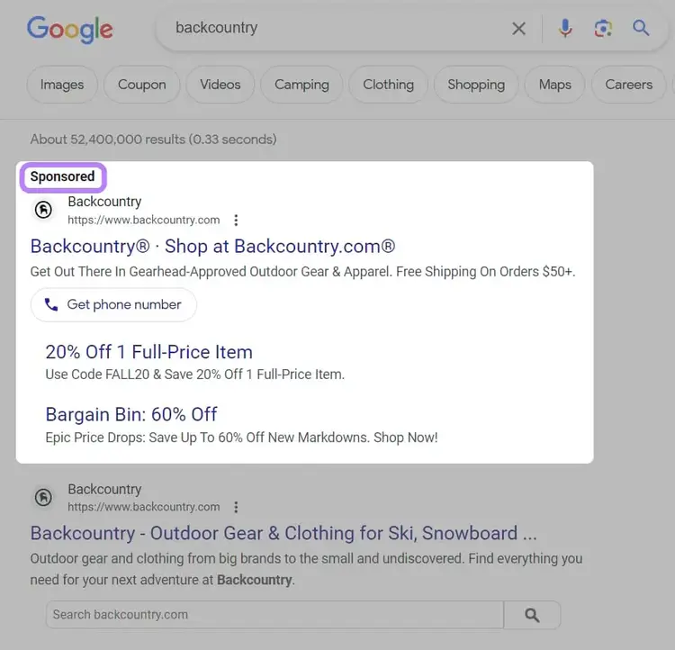 Anuncio de búsqueda en Google de Backcountry.com