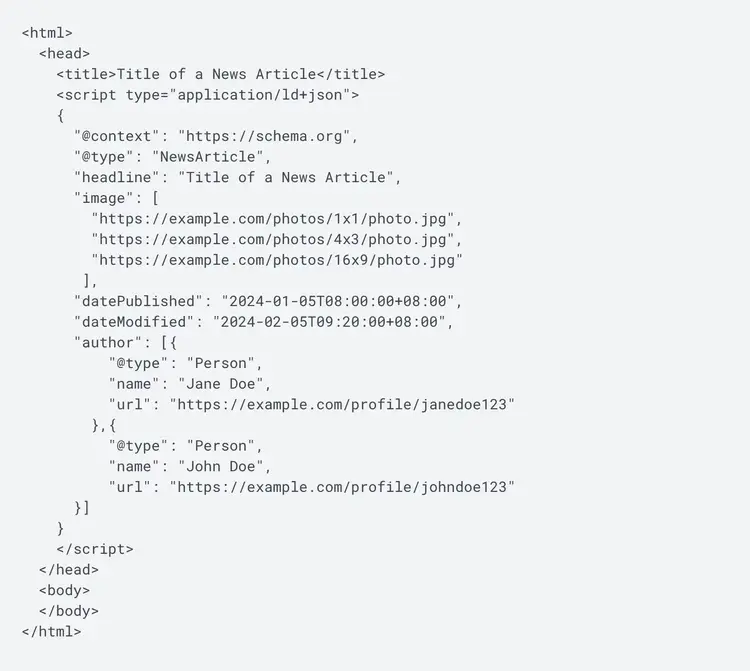 Un ejemplo de datos estructurados para un "Artículo de noticias" de Google.