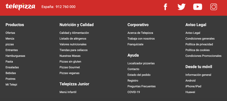 Footer Telepizza España con menú enlaces y información contacto