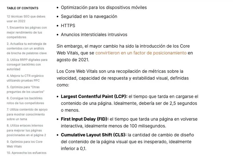Blog content sobre Core Web Vitals con definiciones LCP 2,5 segundos, FID 100 milisegundos