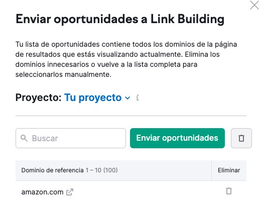 Diálogo Link Building de Semrush para enviar oportunidades de outreach a dominios referentes