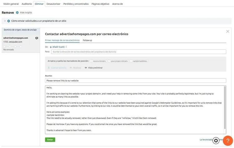 Plantilla correo contactar propietario para eliminar backlink tóxico