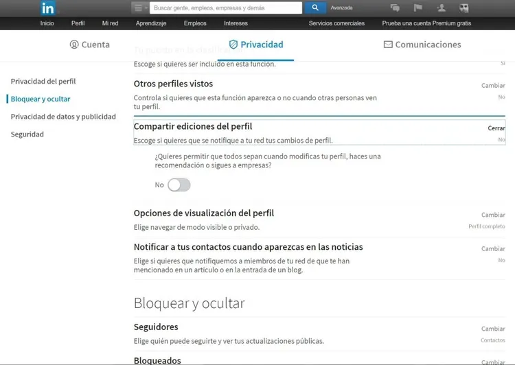 preferencias perfil linkedin