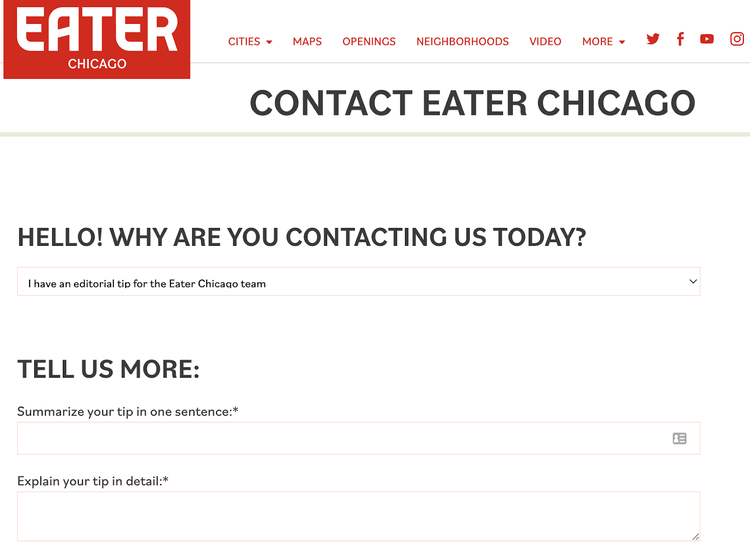 Formulario Contacta Eater Chicago con opciones para tipo de consulta y campos de mensaje