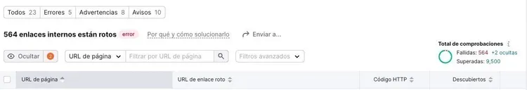 Incidencias con enlaces internos en Semrush