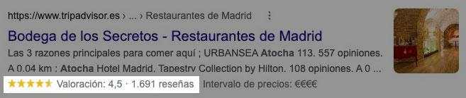 Resultado búsqueda restaurante Bodega Secretos Madrid rating 4.5 estrellas 1691