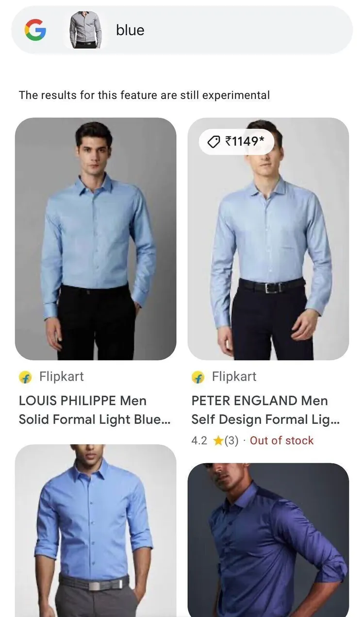 Ejemplo de captura de pantalla de una camisa gris y texto "azul" en la búsqueda visual de Google