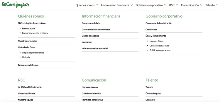 Footer El Corte Inglés con información corporativa y enlaces