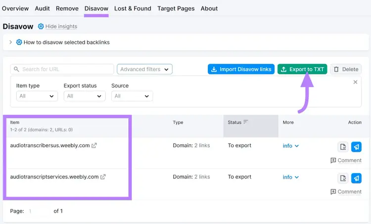 Sección "Disavow" en la herramienta Backlink Audit