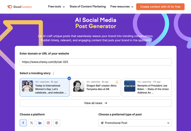 Generador de publicaciones en redes sociales con IA de Semrush