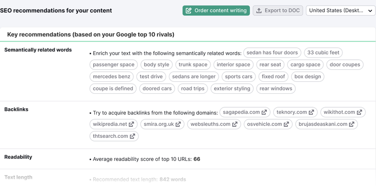 La página "Recomendaciones SEO para tu contenido" muestra palabras clave semánticamente relacionadas, backlinks, legibilidad y longitud del texto