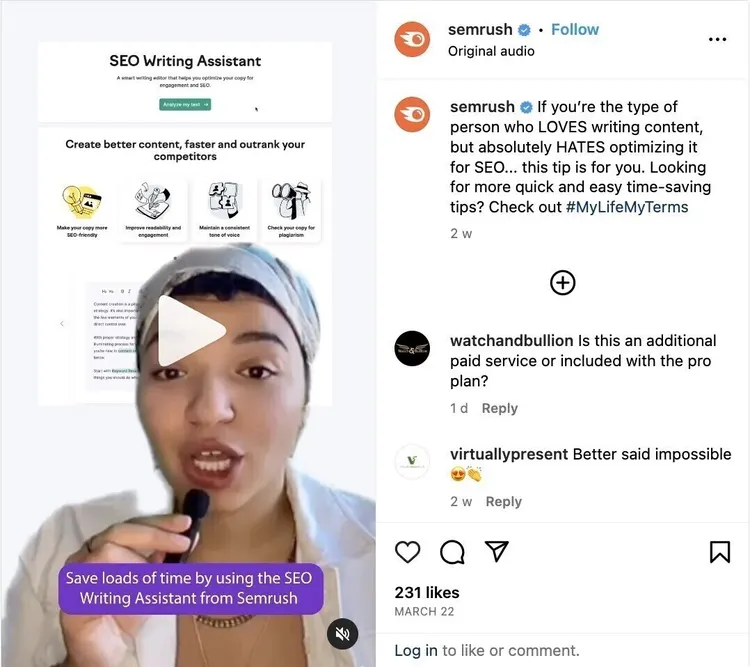 Publicación de Semrush en Instagram con consejos para optimizar el contenido para SEO