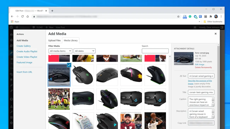 WordPress diálogo Añadir medios con galería de imágenes disponibles