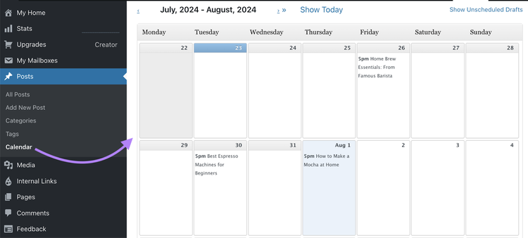 El calendario de contenidos de WordPress muestra las entradas programadas