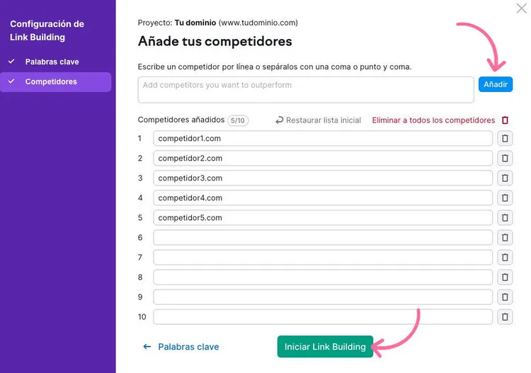 Diálogo Semrush Link Building agregar 5 competidores análisis