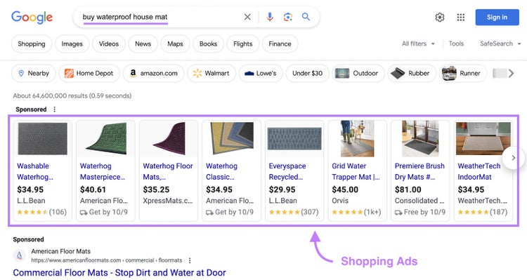 Aparecen anuncios de compras en Google para la consulta "comprar alfombra impermeable para casa"