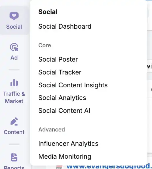 Semrush Social menu showing Social Poster and other social management tools