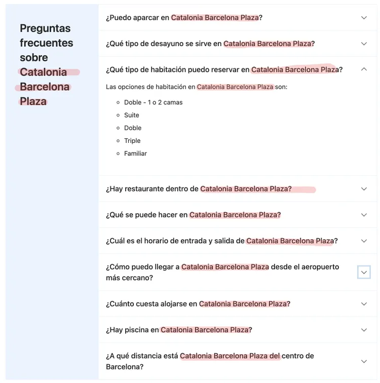 FAQs Catalonia Barcelona Plaza con preguntas frecuentes de clientes