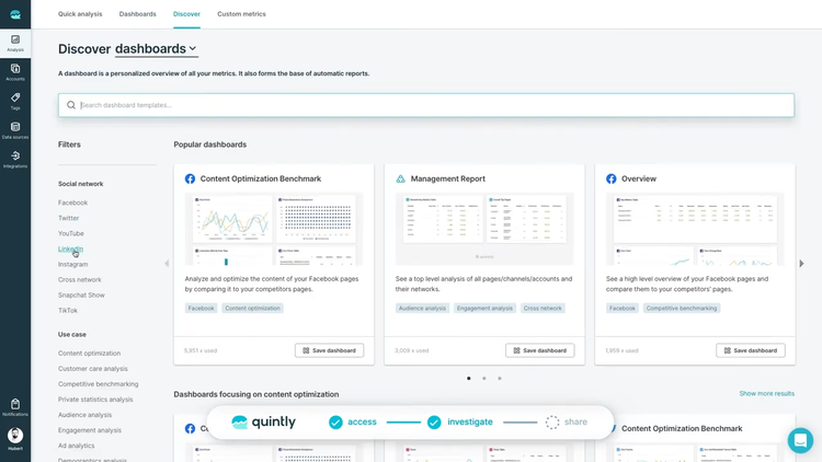 Interfaz de Facelift Data Studio con paneles de control seleccionables, incluyendo análisis comparativo de optimización de contenido e informe de gestión.