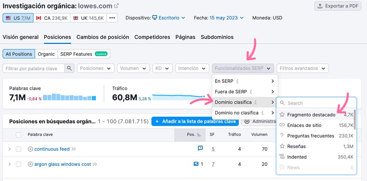 Tabla de posiciones en búsquedas orgánicas con cambios de posición filtrados