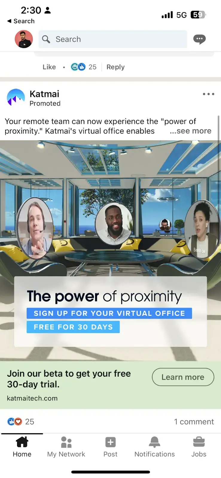 Un anuncio pagado de Katmai en LinkedIn