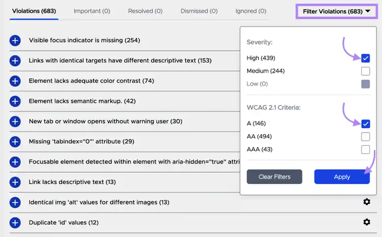 Una lista de infracciones proporcionada por la app