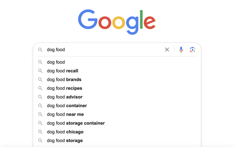 el autocompletado de comida para perros en google muestra búsquedas como retirada, marcas, recetas, etc.