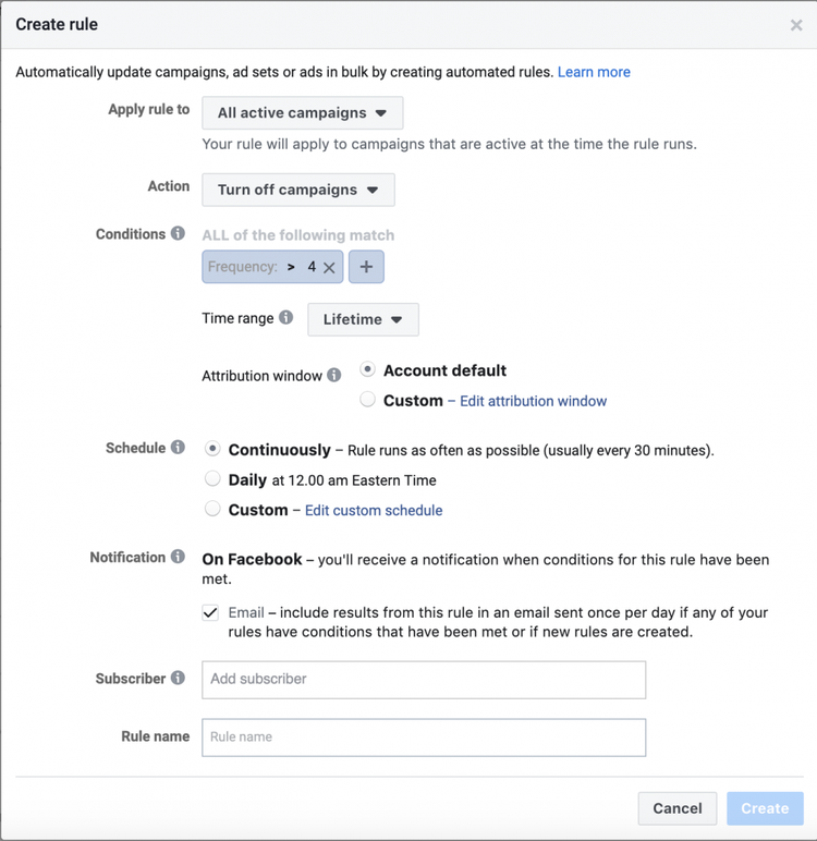 Reglas automatizadas de Facebook - Frecuencia