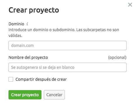Formulario crear proyecto Semrush con campo dominio
