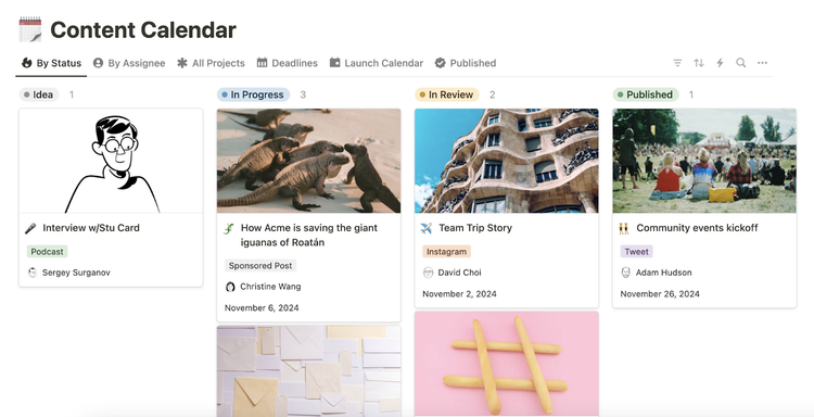 El calendario de contenidos de Notion tiene tarjetas en columnas como Idea, en curso, en revisión y publicado con etiquetas de colores que indican el tipo de contenido