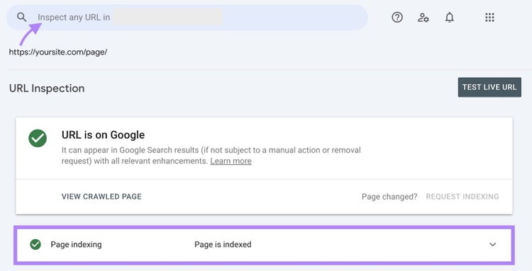 El resultado de una búsqueda de URL en Google Search Console que muestra que la página está indexada